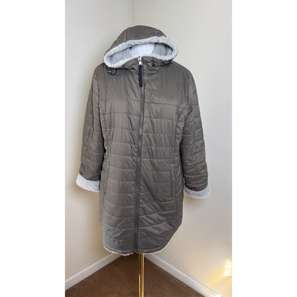Free Country PXL Petite XL Reversible Long Puffer Coat Faux Fur Hood Fossil